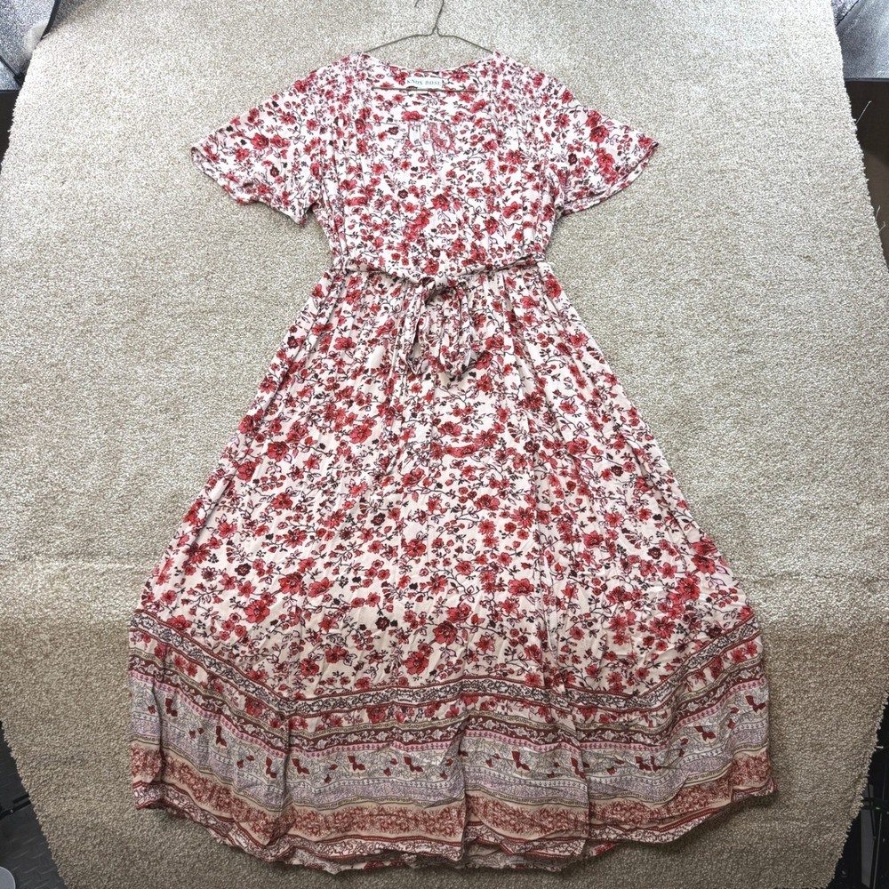 Knox Rose Womens Red Floral Wrap Maxi Dress Short Sleeve Boho Cream L Garden